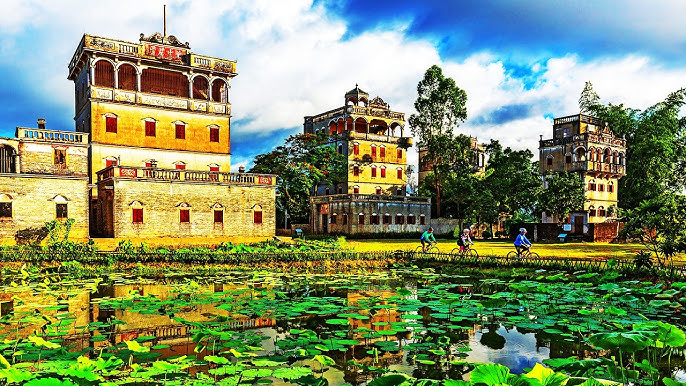 A scenic view of kaiping diaolou and villages