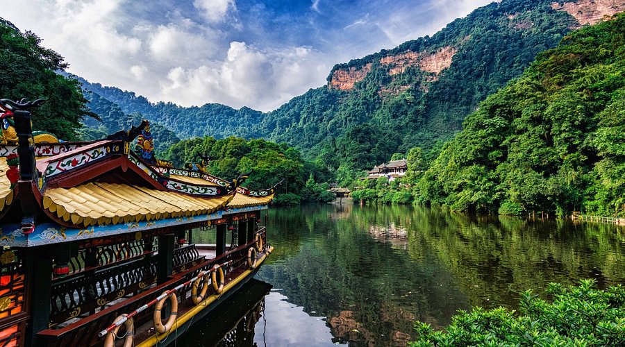 A scenic view of mount qingcheng taoist temples
