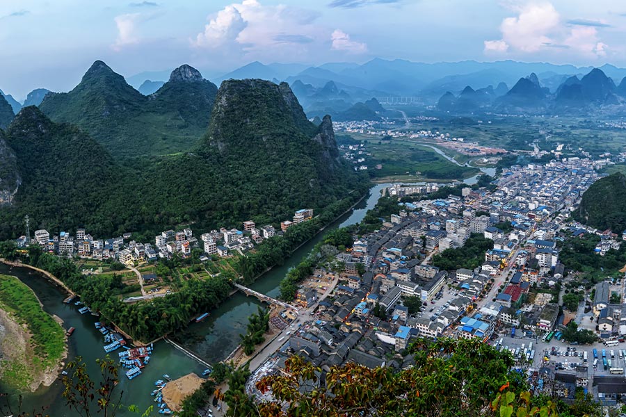 A scenic view of xingping ancient town